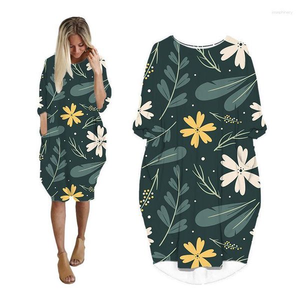 Casual Kleider für Damen Tasche Batwing Langarm Frau Kleidung Mode Plus Größe Damen Kleidung Midi weibliches Kleid Pflanze Blumen CT