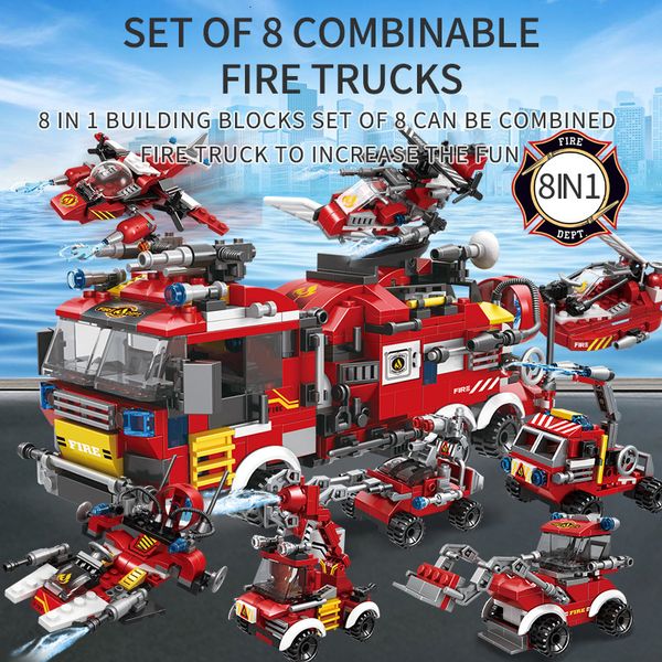 Diecast modelo 806pcs caminhão de bombeiros da cidade 8 em 1 tipo bloco de construção brinquedo carro helicóptero ferramenta bombeiro interesse educacional 230705