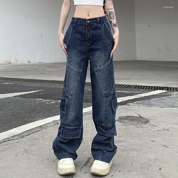 Jeans Feminino Harajuku Calça Cargo Baggy Streetwear Vintage Cintura Baixa Bolso Patchwork Chique Y2K Estilo Coreano Solto Capris