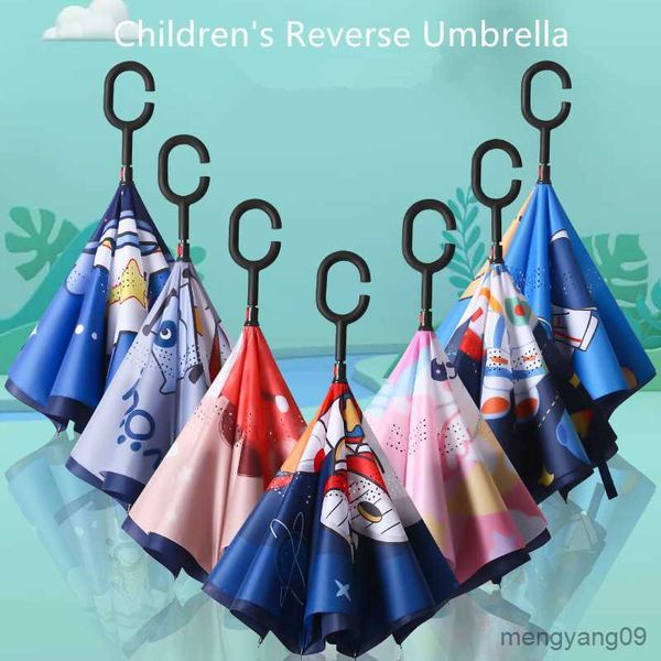 Зонтики дети с двойным слоем обратный зонтик мультфильм складки с ветропроницаемым солнцезащитным хвостовиком длинный
