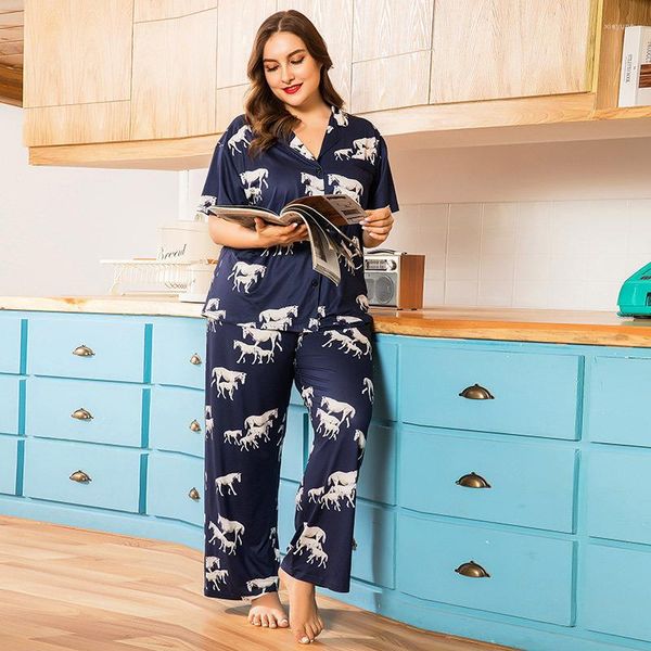 Roupa de dormir feminina 4XL plus size verão pijamas femininos conjuntos de pijama estampados de cavalos de boa qualidade casuais pijamas macios para casa