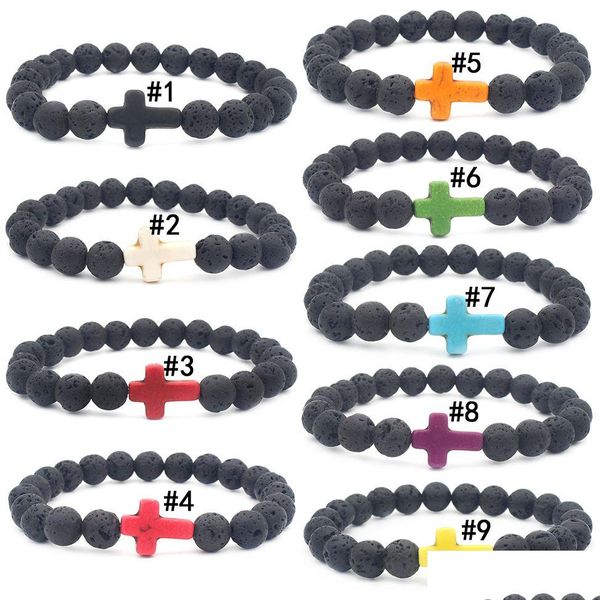 Pulseira masculina frisada lava rock cross pingente preto natural cura vulcânica pedra de energia ioga pulseira para mulheres joias da moda D Dhas5