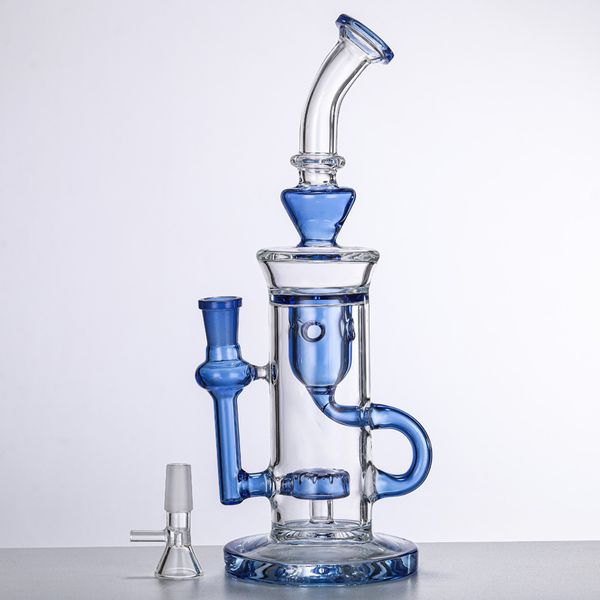 Atacado Klein Recycle Glass Dab Rig Smoking Flower Water Pipe 14,4 mm Thick Base Blue Smoking Rig Taça de Cachimbo de Água com Tigela de Vidro Portátil Bubbler de 7,48 polegadas