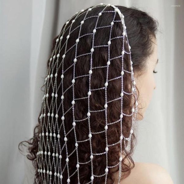 Saç klipsleri el yapımı inci uzun püskül çember kafa bandı takıları kadınlar için lüks metal zincir başlık gelin baş aksesuarları