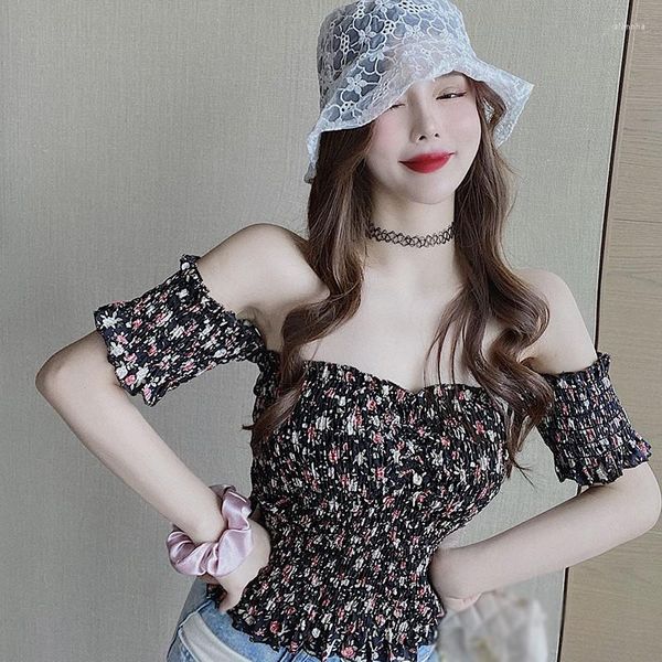 Blusas femininas de verão, estilo coreano sexy pescoço plissado fêmea pequena camisa de chiffon curta floral
