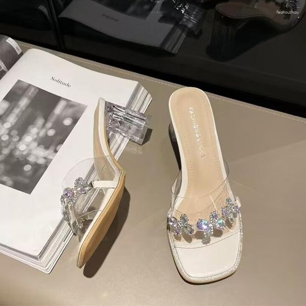 Slippers Summer Open Toe Pvc Crystal Fashion Fashion Mid Heels обувь женщин 2023 шлепанцы плать