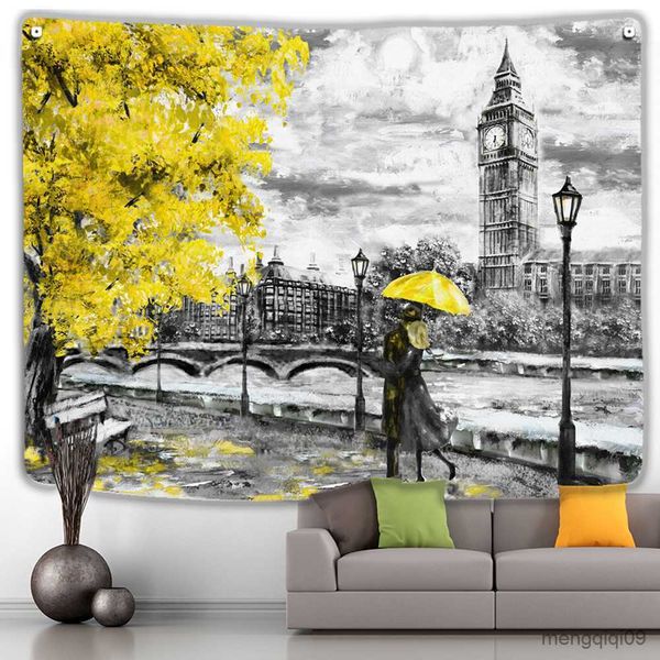 Tapeçarias para pendurar na parede cinza Londres Big Ben com casal árvore amarela guarda-chuva arte sala de estar casa tapeçaria grande tecido paisagem decoração R230705