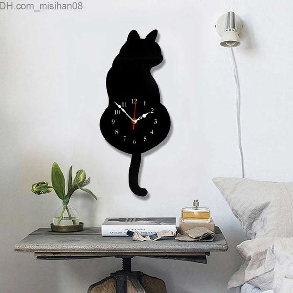 Orologi da parete Bianco / Nero Coda scodinzolante Cat Design Orologio da parete Camera da letto per bambini Decorazione da parete Regalo unico Creativo Cartone animato Muto Orologio fai da te Z230707