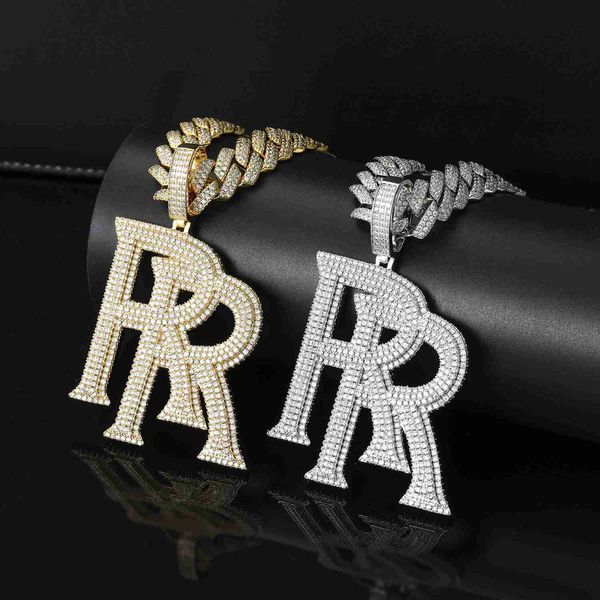 Colar de hip hop rap duplo R grande letra inicial latão joias finas pingente RR personalizado