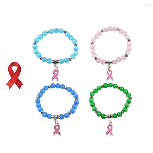 Charm Bracelets Conscientização do Câncer de Mama Contas de Cristal Rosa Charms Fita AIDS Para Mulheres Homens Jóias