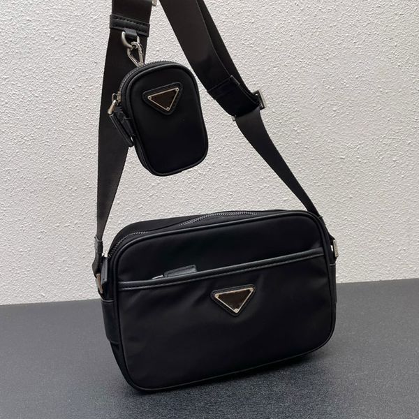 Bolsa masculina de náilon bolsa tiracolo masculina e feminina bolsa de ombro conjunto de 2 peças carteira preta folha de metal triangular bolsa para celular Moda masculina câmera tiracolo