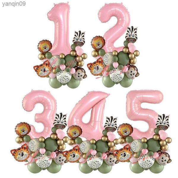 38 pçs Wild One Animal Theme Party Balloon Tower para meninas Selva Floresta Decorações de festa de aniversário Balões rosa Suprimentos DIY L230626