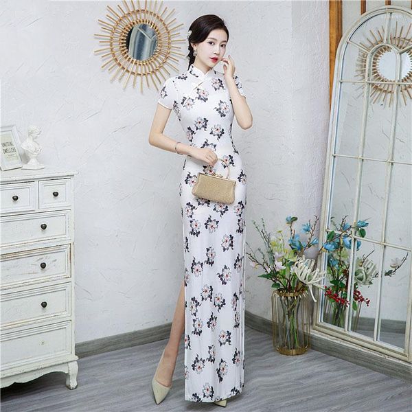 Abbigliamento etnico 8 Colori Cinese Nazionale Lungo Cheongsam Elastico Floreale Costumi Vintage Vestito Delle Donne Elegante Femminile Qipao S A 3XL