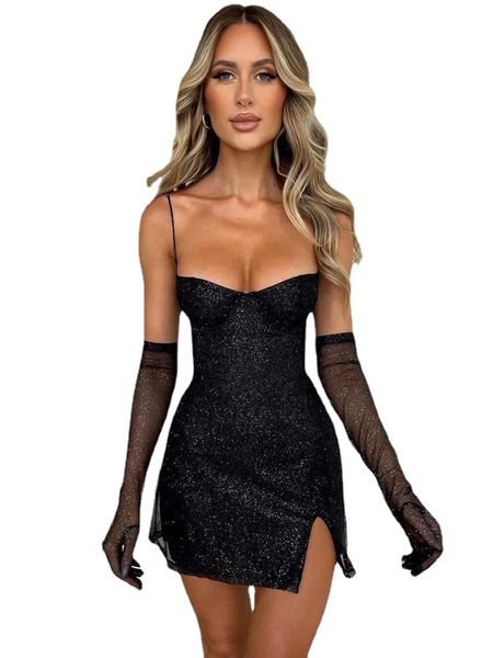 Vestidos casuais preto brilhante noite para mulheres vestido de festa de aniversário curto com luvas longas sexy bodycon mini