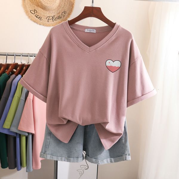 T-shirt taglie forti da donna T-shirt 100 cotone L6XL T-shirt manica corta da donna Top Summer Heart Stampa scollo a V Camicie oversize 230705