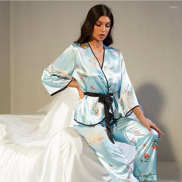 Conjuntos de pijamas femininos de duas peças pijamas de seda femininos casuais verão camisola de manga comprida pijamas pijamas pijamas tops lingerie