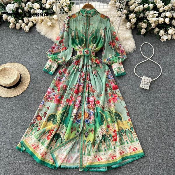 Lässige Kleider Sommerurlaub Strand Chiffon Flowy Kleid Damen Stehkragen Laternenärmel Blumendruck Boho Maxi lang mit Gürtel VP0140