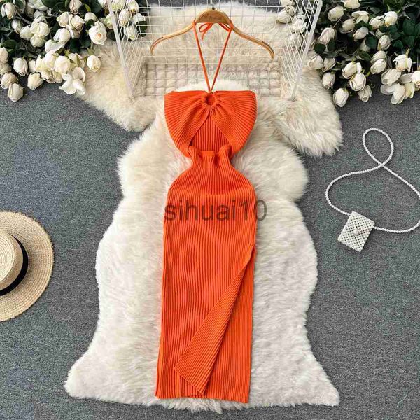 Lässige Kleider Halter Häkeln, figurbetontes Kleid, ausgeschnitten, sexy, geteilte Kleider, schulterfrei, rückenfrei, Party, Vestido, koreanische Frauen, schicke Mode, Robe, Y2k, J230705