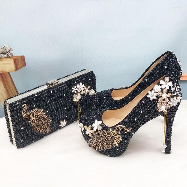 Scarpe eleganti BaoYaFang Black Pearl Beads Womens Wedding and Bags Set Donna Fashion Party Peacock Female High Pumps Purse