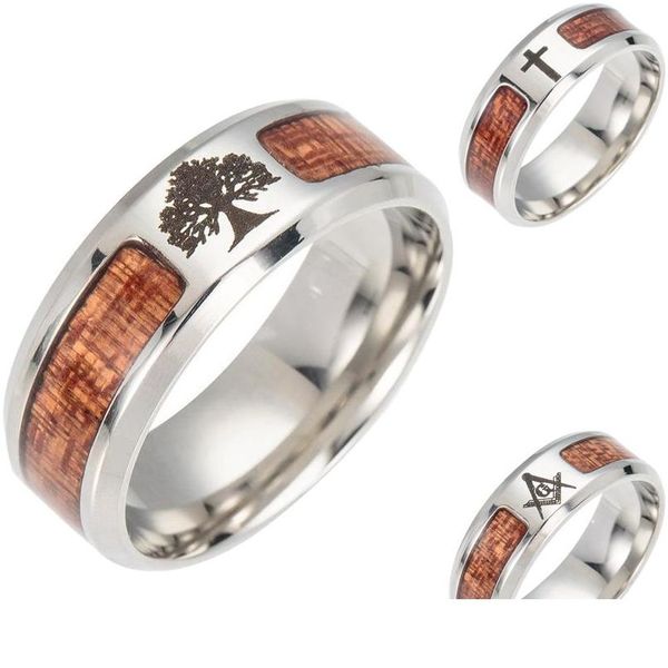 Anéis de banda árvore da vida cruz maçônica de madeira para homens e mulheres aço inoxidável nunca desbota anel de dedo de madeira joias da moda em Bk Drop Del Dhi5B