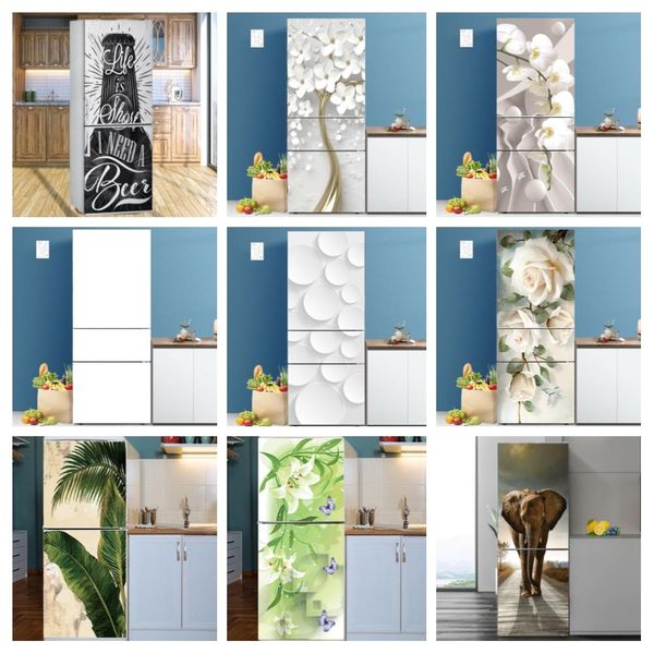 Filmes adesivo autoadesivo na capa da porta da geladeira filme decorativo cozinha geladeira papel de parede flor branca decalque verde envoltório completo