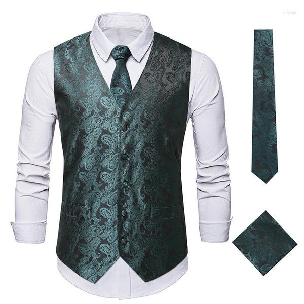 Erkek yelekleri steampunk yeşil paisley takım elbise erkekler için parti ziyafet ince fit vintage jacquard yelek yelek kravat hankerchief 3pc set erkek 3xl