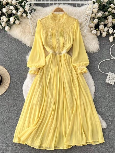 Sıradan Elbiseler Vintage O yaka kadınlar parti moda dantel ince zarif A-line vestidos kadın midi fener kollu bayan robe chic