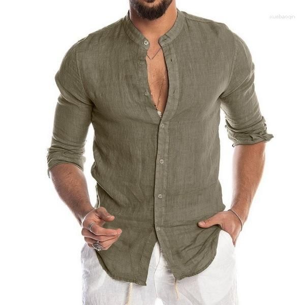 Erkekler Günlük Gömlekler Erkek Yaz Pamuk Keten Uzun Kollu Bantlı Yakalı Hafif Gömlek Düz Renk Nefes Alabilir Plaj Stili Bluz 3xl