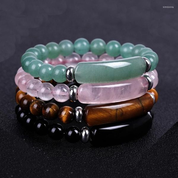 Braccialetti con ciondoli Bracciale con perline in pietra naturale da 8 mm Reiki Healing Quarzo rosa Avventurina Agata Ciondoli a forma di rettangolo di cristallo rosa