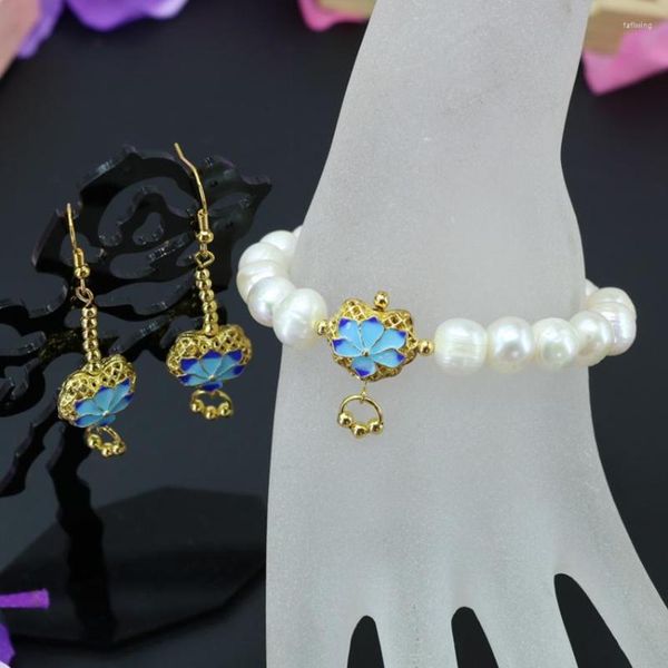 Collana Orecchini Set Design originale 10-11mm Naturale Bianco Perla Perline Bracciale Ciondola Oro-colore Cloisonne Gioielli da donna 7,5 pollici B3102