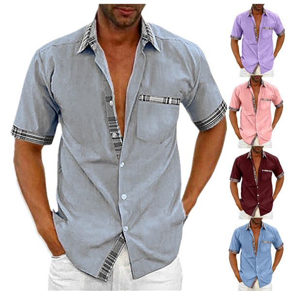 Camisas casuais masculinas 2023 verão sólida manga curta gola e punho contraste moda camisa botão