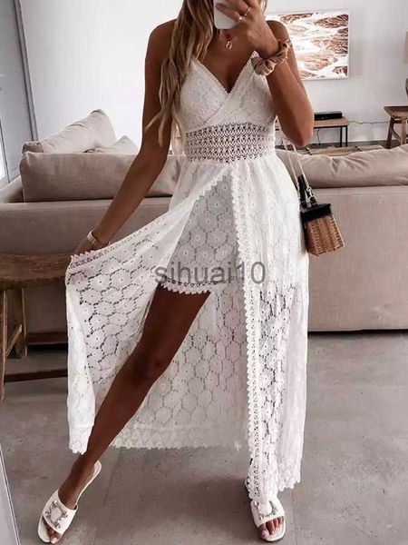 Vestidos casuais wsevypo feminino alças finas vestido de praia longo boho verão sem mangas vazado floral rendado playsuit vestido de verão roupa feminina j230705