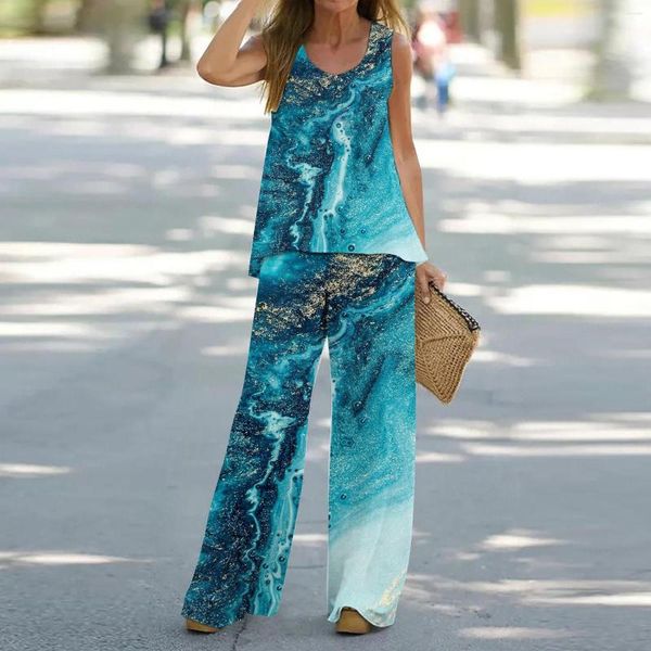 Pantaloni a due pezzi da donna Summer Beach 2 Completi Boho Gilet stampato casual Top senza maniche Pantaloni larghi a gamba larga Set completo