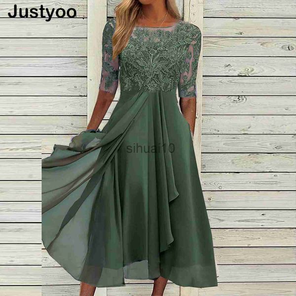 Casual Dresses Neues elegantes grünes Partykleid für Frauen, O-Ausschnitt, Spitze, halbe Ärmel, Ballkleider für Frauen, solides A-Linien-Kleid, Boho, sexy langes Kleid, J230705