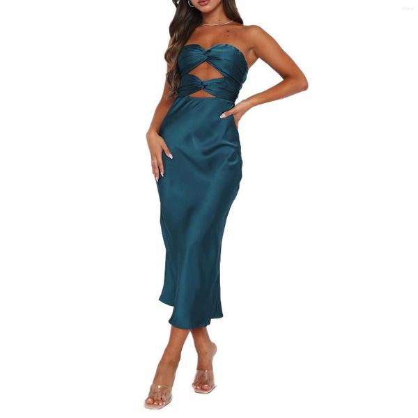 Abiti casual Hollow-Out Cross Tie-Up Wrap Chest Bodycon Dress Women Sexy Causal Solid senza spalline Backless Party Club Midi
