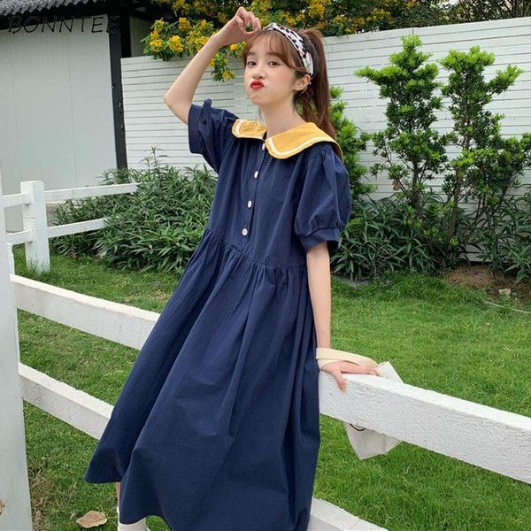 Vestidos Casuais Mulheres Kawaii Estilo Japonês Sweet Preppy Patchwork Fêmea Dobras A-line Estudantes Colar Marinheiro Manga Puff