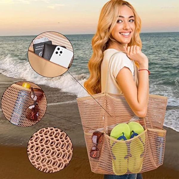 Sacos de armazenamento Bolsa de malha multifuncional de alta capacidade para mulheres Bolsa de ombro Compras Piquenique Praia Natação Tote Presente B03E