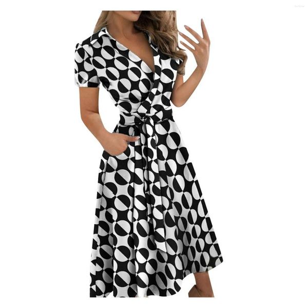 Casual Kleider Sommer Für Frauen 2023 Plus Größe Drucken V-ausschnitt Schnürung Schlanke Körper Wrap Hüften Lange Vestidos Elegantes Para mujer