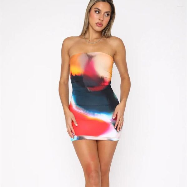 Abiti casual 2023 Summer Bodycon Short Dress Skinny Tie Dye Print Bandeau Donne sexy senza spalline Tube Mini senza maniche Backless