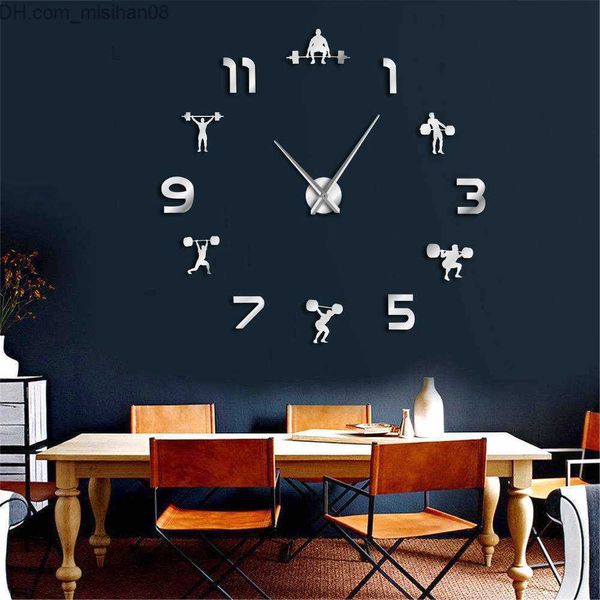 Relógios de parede Halterofilismo Fitness DIY Relógio gigante GYM Adesivo de parede Relógio 3D Relógio de parede de luxo Criativo Decoração de arte de parede para GYM 201118 Z230705