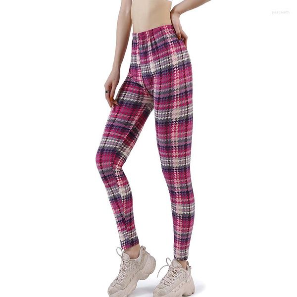 Legging Feminina Legging Colorida com Estampa Xadrez Feminina Macia Fitness Moda Fina Calça Esportiva Cintura Alta Legging Externa Elasticidade Treino