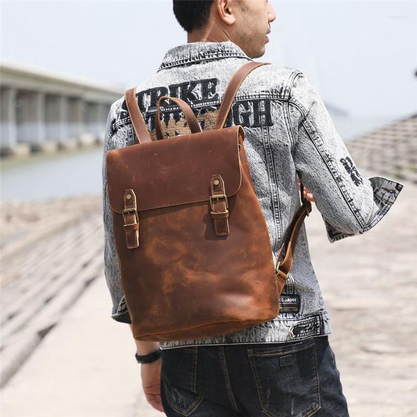 Rucksack Vintage Herren Einfach Hochwertiger Organizer Echtes Leder Damen Outdoor Reise Laptop Büchertasche