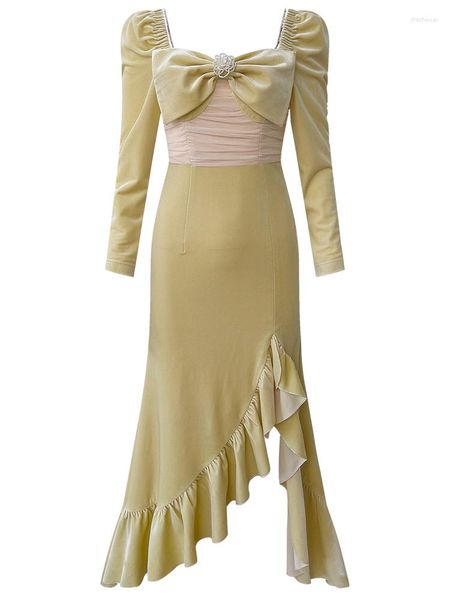 Casual Kleider YIGELILA Mode Frauen Samt Meerjungfrau Kleid Elegante Quadratische Kragen Volle Hülse Empire Slim Party Knöchel-länge 67783