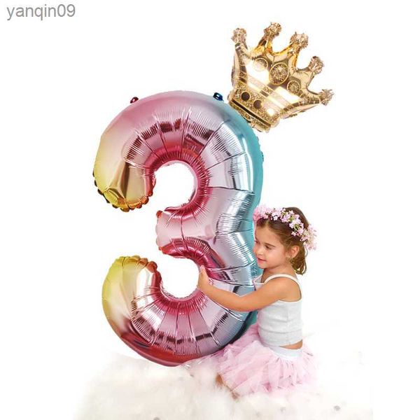 2 pezzi 32 pollici numero arcobaleno palloncini foil mongolfiera decorazioni per feste di compleanno per bambini oro rosa rosa argento blu 0-9 sfera cifre L230626