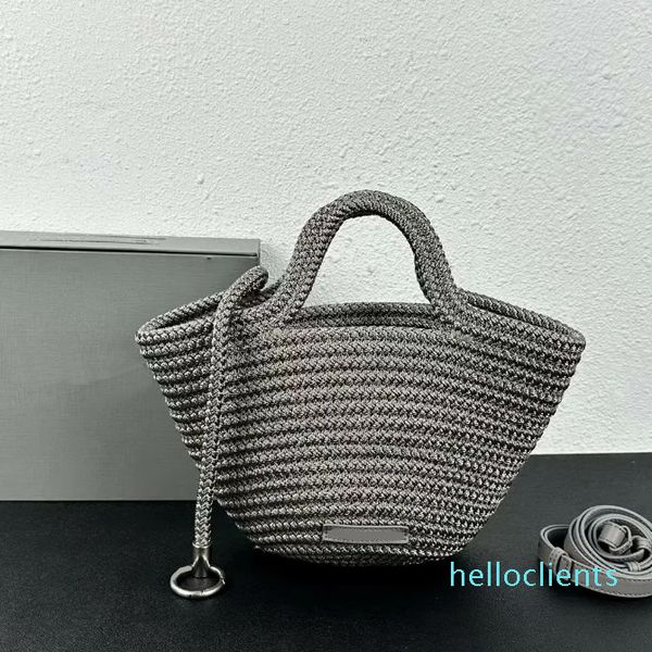 2023 Cestino piccolo da donna Ibiza Borse da spiaggia estive Cord Two Top Chiusura aperta Maniglia Borsa da viaggio Borsa da viaggio Hardware argento invecchiato Anello da spiaggia Borse in maglia di nylon Borsa a spalla lunga