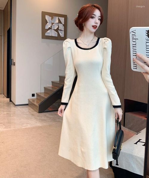 Casual Kleider Vintage Pullover Kleid 2023 Koreanische Stil Frau Gestrickte Herbst Winter Damen Puff Langarm Slim A-Line Stricken