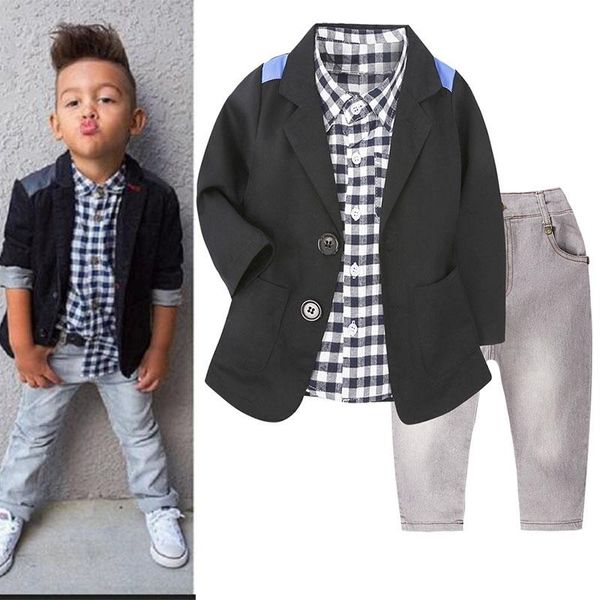 Westen Jungen Herbst Kleidung Set Casual Anzug Jacke Kariertes Hemd Jeans 3 stücke Kinder Mode Kleidung 28y Kinder