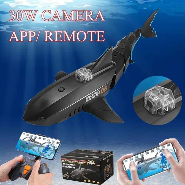 Barcos Elétricos/RC Câmera Barco RC Submarino Tubarão Elétrico com controle remoto 30W HD Brinquedos Animais Brinquedos Piscina Crianças Meninos Crianças 230705