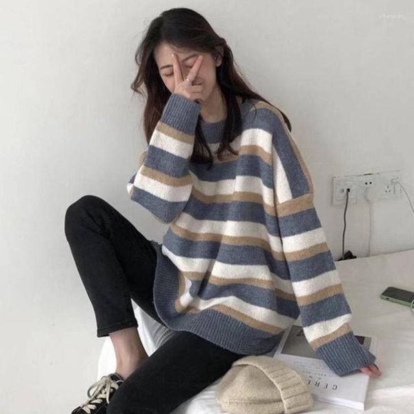 Kadın Sweaters Çizgili Süvari Kadın Öğrenci Burttleneck Koreli Gevşek Uzun Örgü Krallık Kış Kadınları Katlar Ceket Giyim Femme