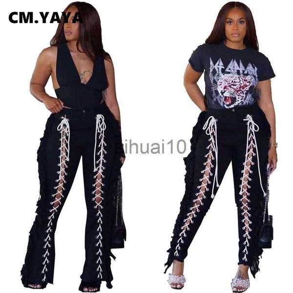 Damenhosen Capris CM.YAYA Frauen Schwarze Öse Schnürung Ausgehöhlte Quaste Seitenhose 2022 Neue Streetwear Elegante schicke Hose J230705